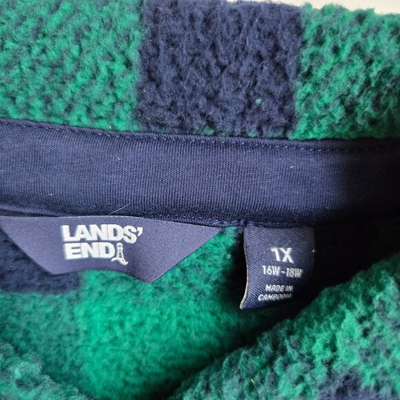 Lands End Women's Green Blue Buffalo Plaid Fleece Button Front Pockets 1X 16-18W - Picture 8 of 12